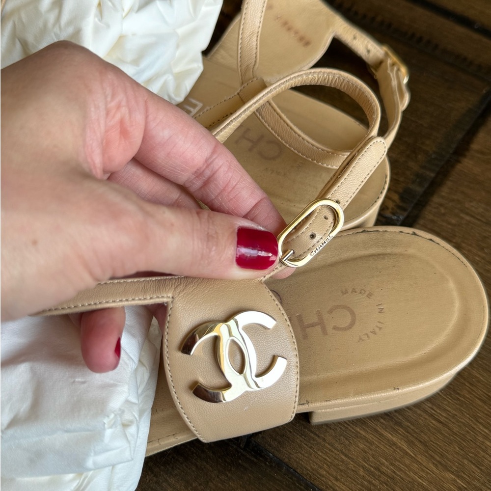 Chanel Beige Leather CC Strappy Sandals - Picture 6 of 16